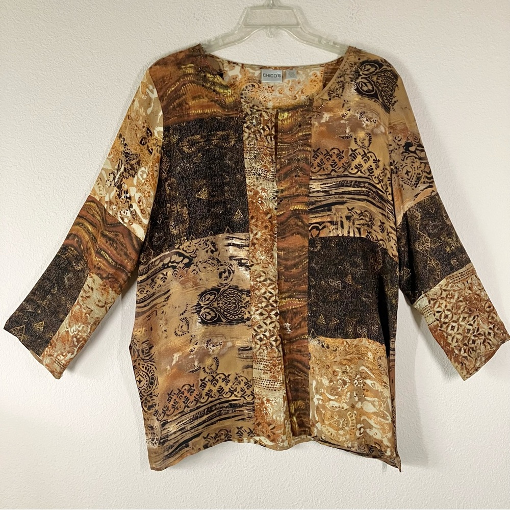 Chico's Silk Linen Beaded Patchwork Tunic Blouse … - image 1